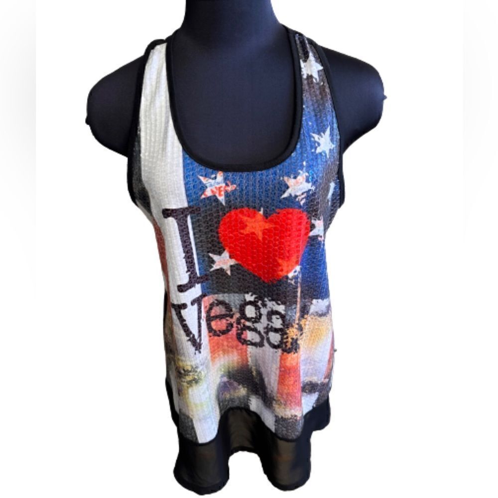Love Amour I Love Vegas sequin front, sheer hem line.